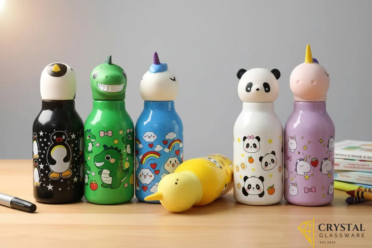 3D Animal Water Bottles featuring cute character caps
